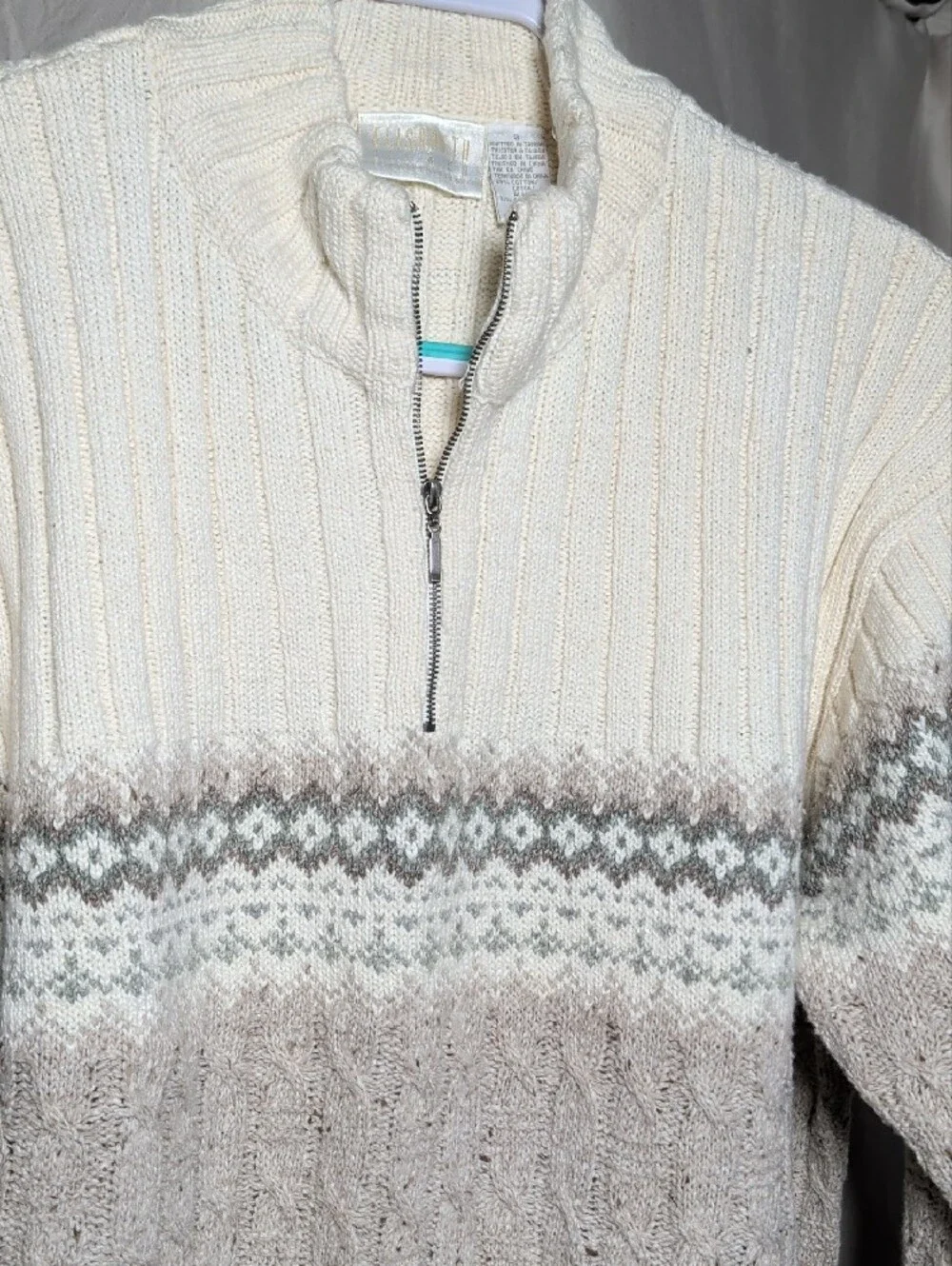 Women's Zip-Neck Sweater in Cream and Light Brown Cozy Cotton Plus Size